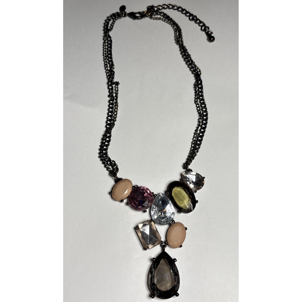 Chico's Haute Statement Necklace Multicolor Faceted Crystal Gunmetal Bib Pendant